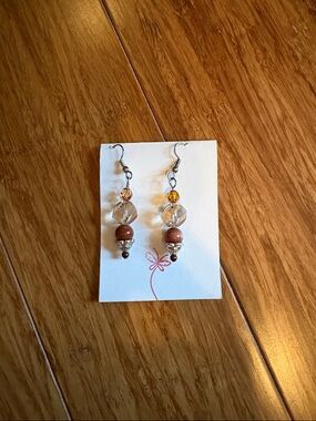 Handmade Brown and Clear Bead Dangle Earrings